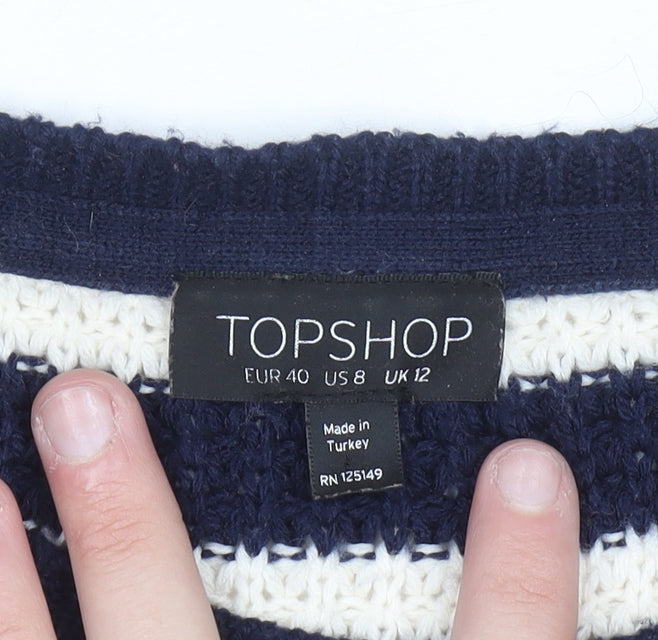Topshop Women's Blue Striped Open-Knit Boat Neck Jumper Size 12