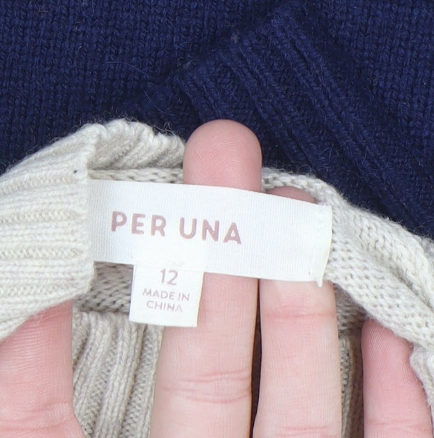 Marks and Spencer Per Una Women's Beige Yellow Navy Mock Neck Jumper Size 12