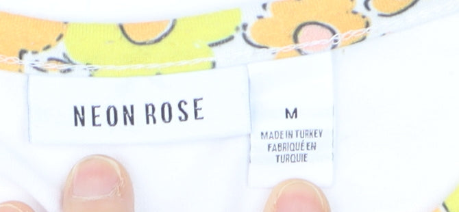 Neon Rose Womens White Cropped Tank Top M Retro Flower Print