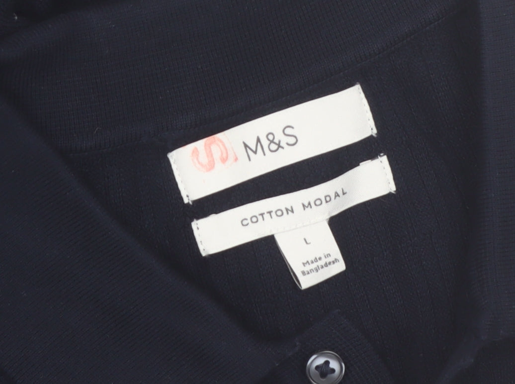 Marks and Spencer Men’s Black Cotton Modal Collared Henley Jumper L