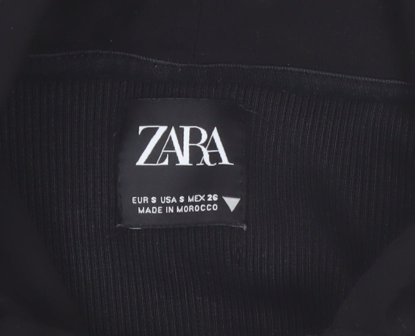 ZARA Women Black Small Cropped Full Zip Hoodie Lightweight Cotton Blend