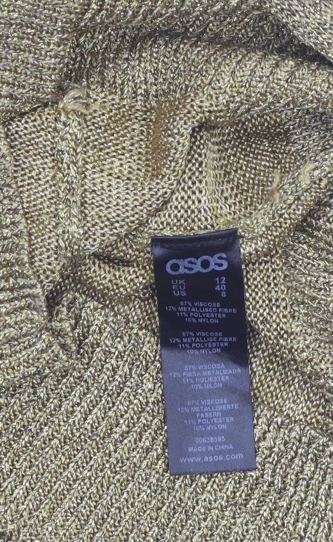 Brand and care label for ASOS Women Gold Metallic Knit Jumper, size 12, Round Neck Long Sleeve