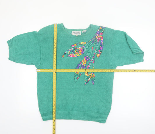 Andrea Gayle Women Green Short Sleeve Pullover Jumper M Floral Appliqué