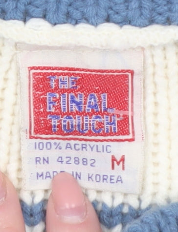 The Final Touch Women's Ivory Blue Cardigan M Acrylic Vintage Knit