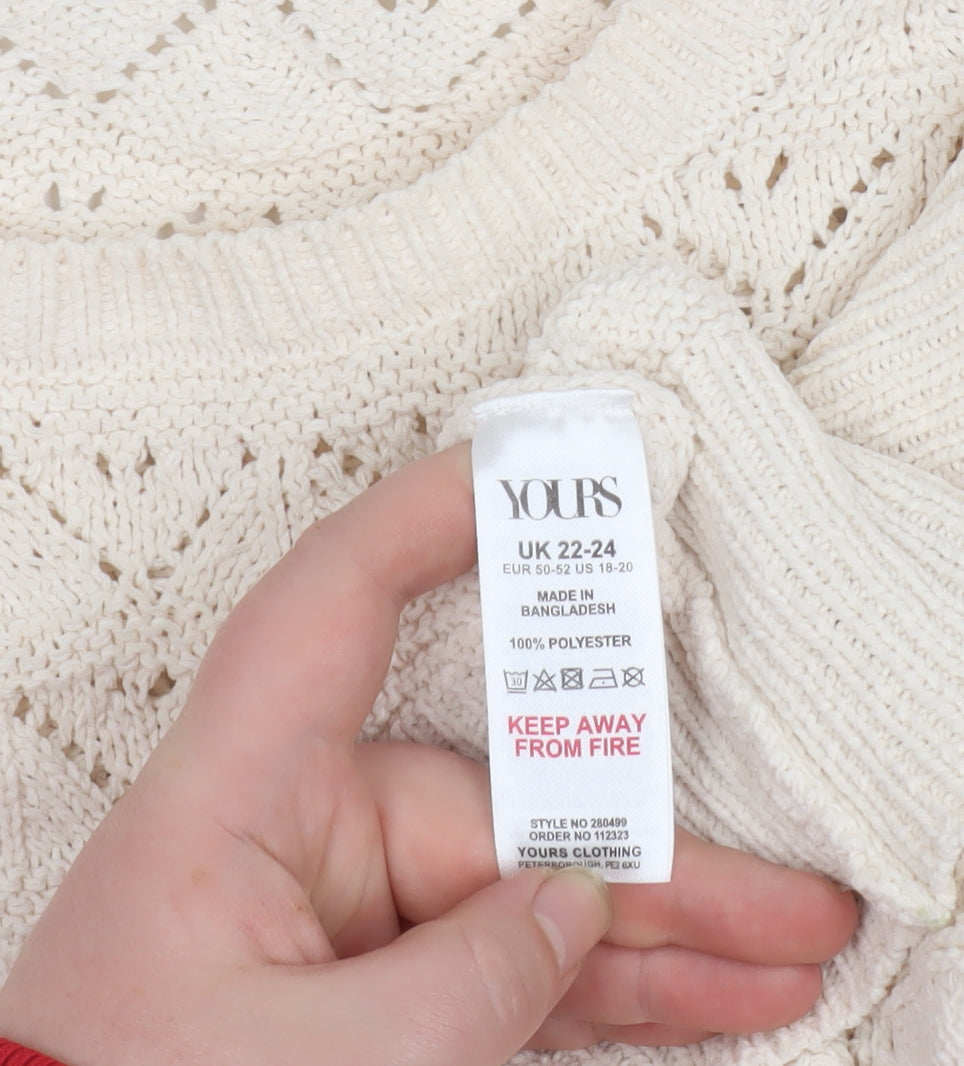 Yours Clothing Women Ivory Plus Size 22 Crew Neck Open-Knit Jumper