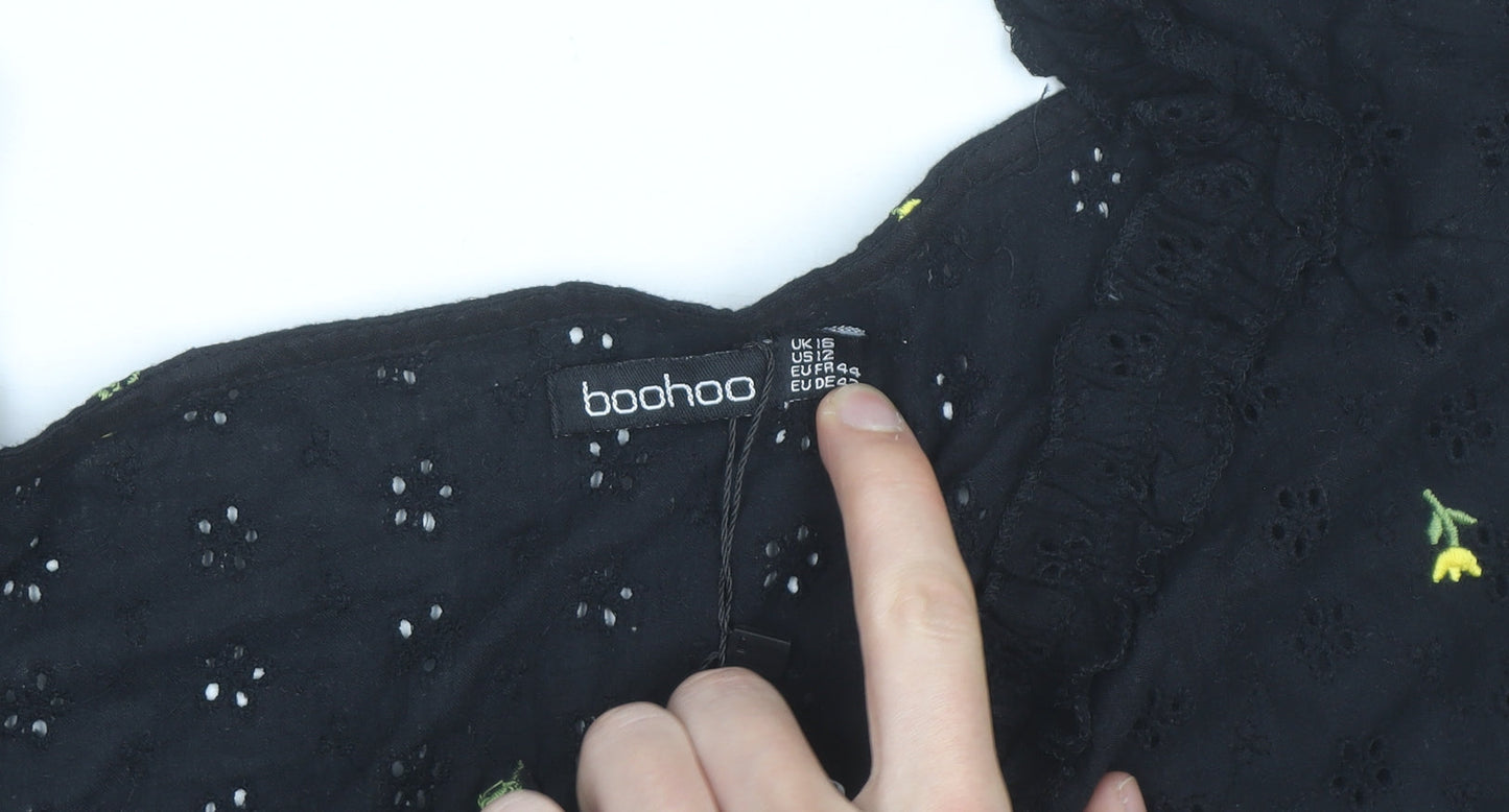 Boohoo Women's Black Floral Embroidered Cropped Blouse Size 16