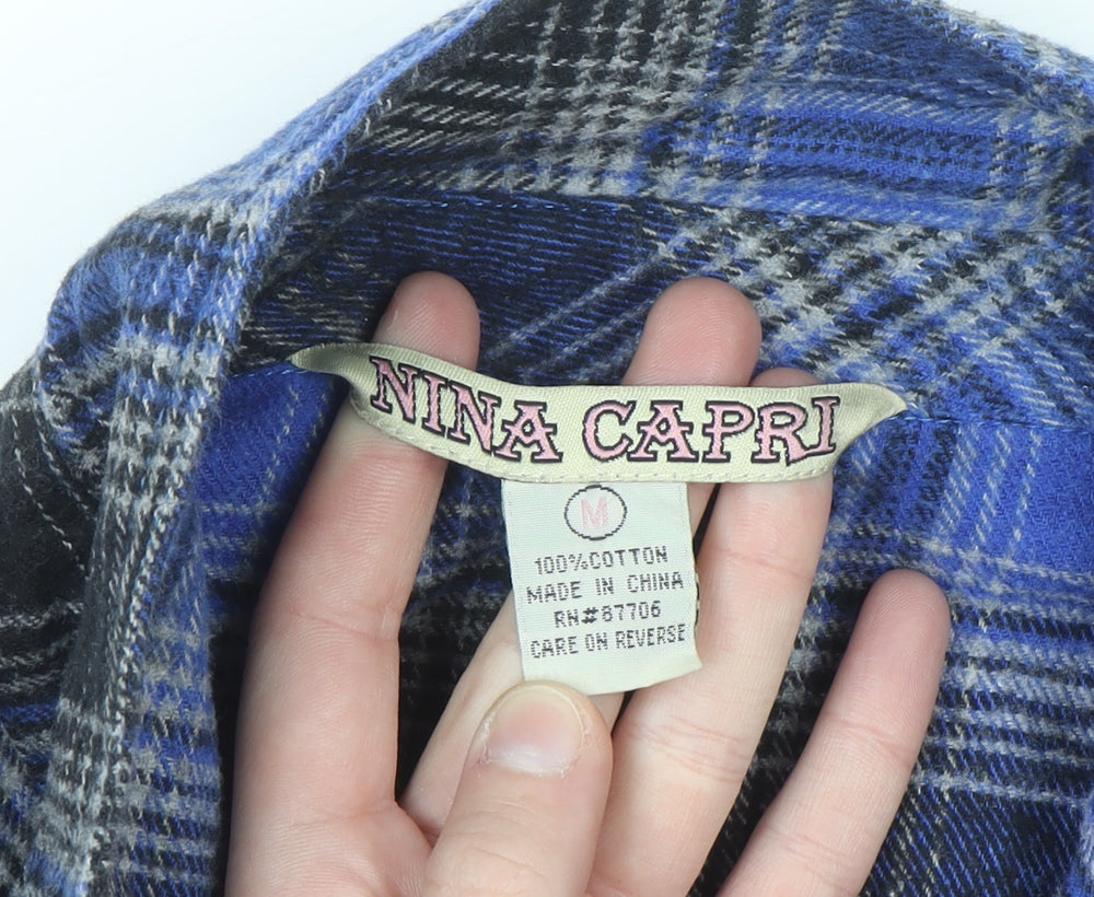 Nina Capri Women's Blue Checked Flannel Cotton Button-Up Shirt Size M