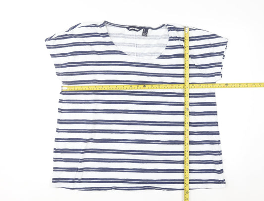 Lands' End Women White Navy Striped Short Sleeve Cotton T-Shirt L