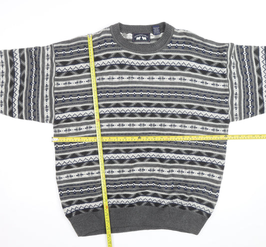Woods & Gray Mens Grey Fair Isle Acrylic Jumper XL Crew Neck