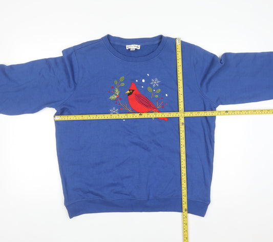 Rebecca Malone Women's Blue Pullover Sweatshirt L Cotton Blend Bird Motif