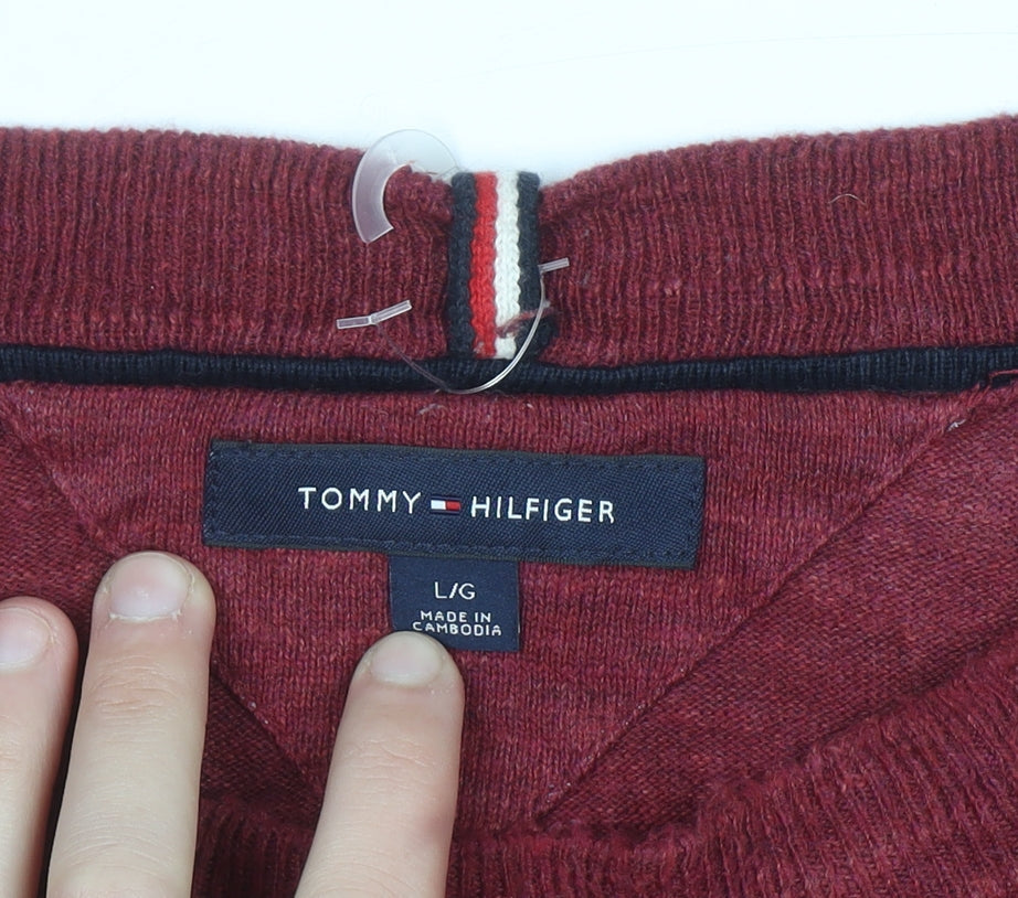 Tommy Hilfiger Men's Red Crew Neck Jumper Size L Classic Knit