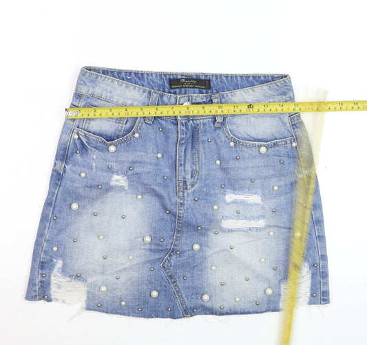 Realty Jeans Women Blue Mini Denim Skirt M Beaded Distressed Casual