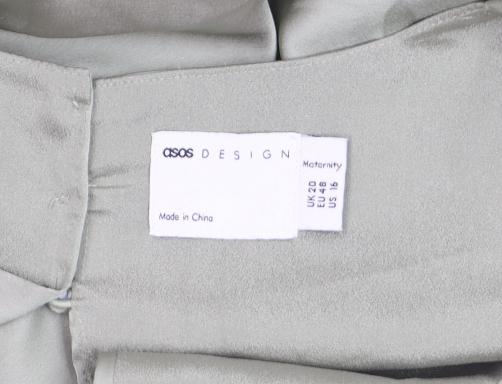 Brand and care label for ASOS DESIGN Women’s Green Satin Midi Wrap Dress, size UK 20, Maternity