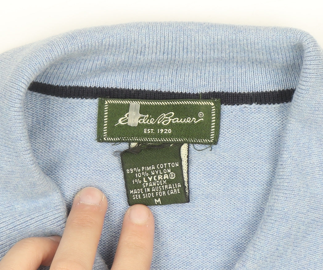 Eddie Bauer Men’s Blue Collared Henley Jumper M Cotton Knit