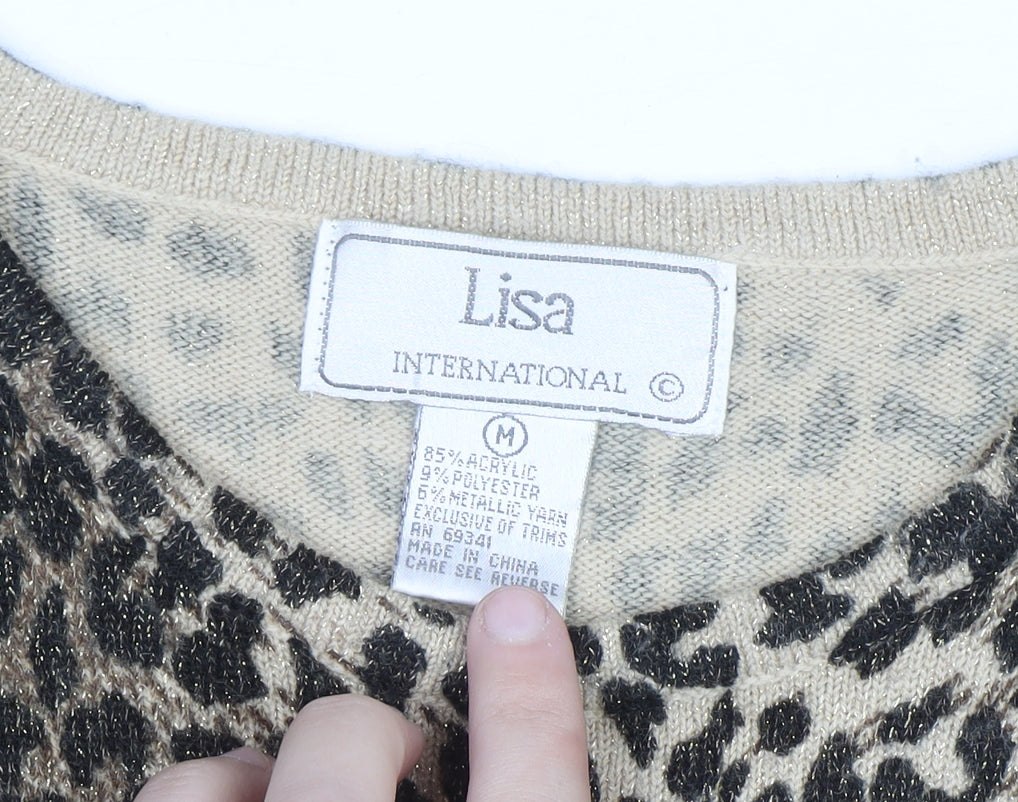 Lisa International Women's Beige Leopard Print Knit Jumper M