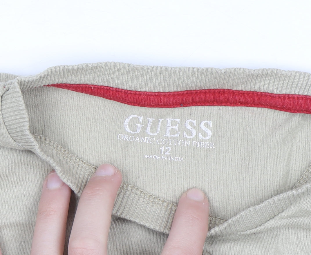 Guess Women's Beige Graphic Long Sleeve Cotton T-Shirt Size 12