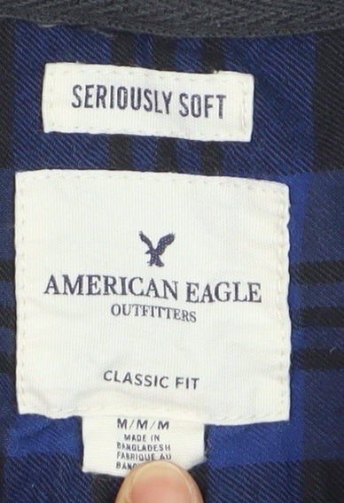 American Eagle Outfitters Men's Blue Plaid Flannel Hooded Button-Up Shirt M