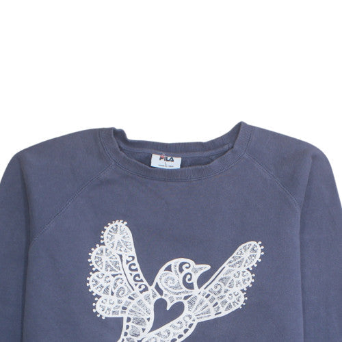 Fila Womens Blue Cotton Blend Pullover Sweatshirt Size L Graphic Bird Print