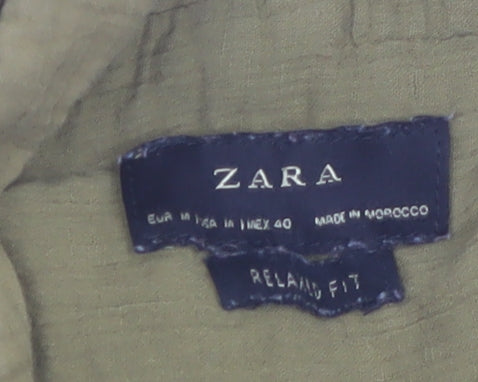 Zara Women Green Long Sleeve Button-Up 100% Cotton Shirt Size 12