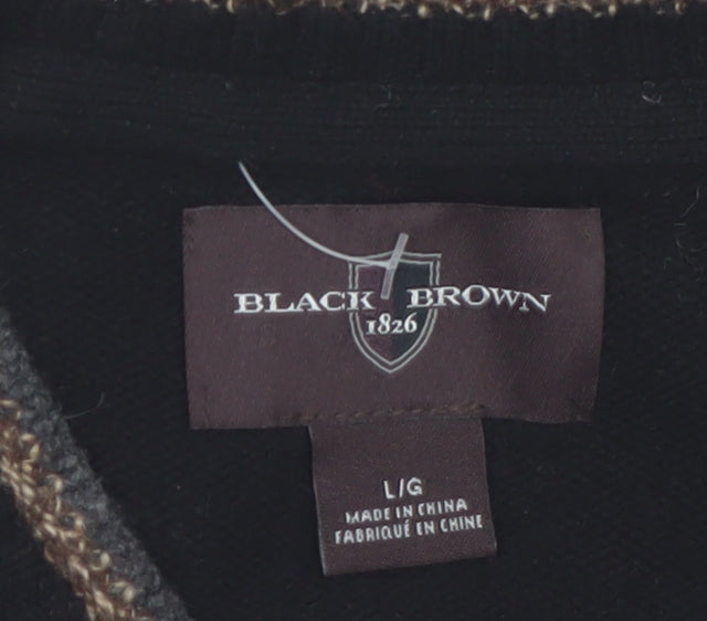 Black Brown 1826 Men's Black Argyle V-Neck Wool Jumper Size L