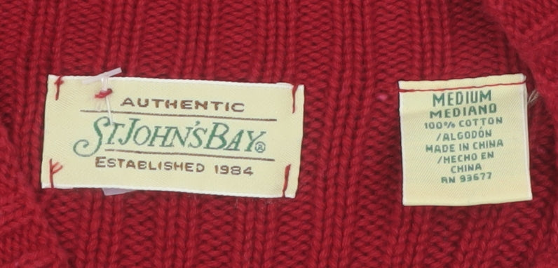 St. John's Bay Men's Red Cotton Ribbed Striped Mock Neck Jumper M