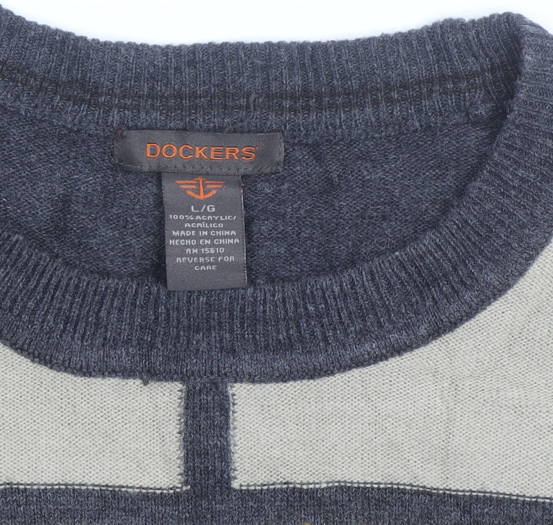 Dockers Men’s Grey Check Acrylic Knit Crew Neck Pullover Jumper Size L