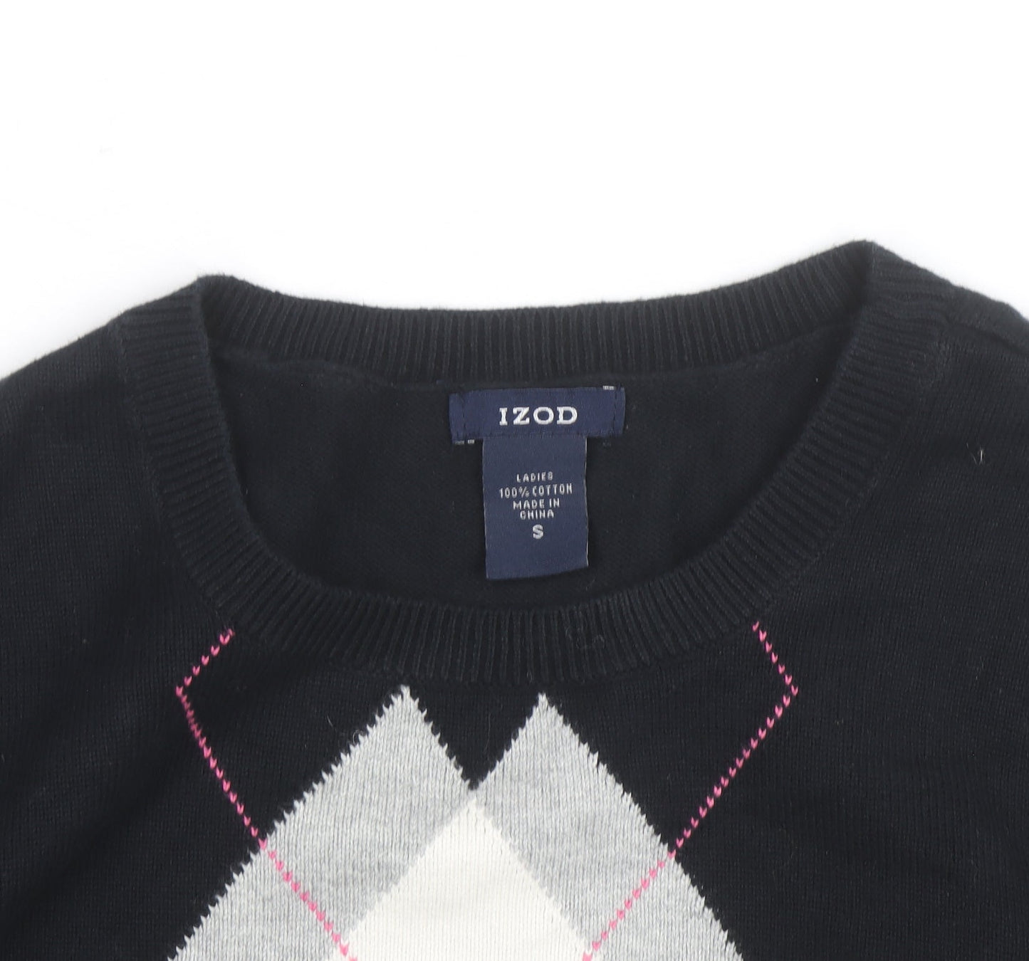 IZOD Womens Black Argyle Cotton Crew Neck Jumper Size S