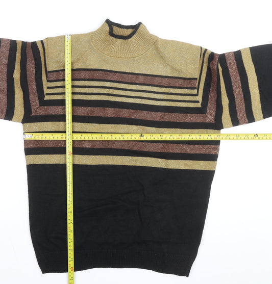 Alfred Dunner Women Black Gold Striped Mock Neck Knit Jumper S