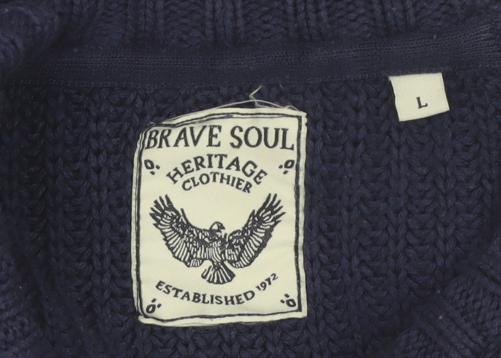 Brave Soul Men's Blue Chunky Knit Crew Neck Jumper Size L