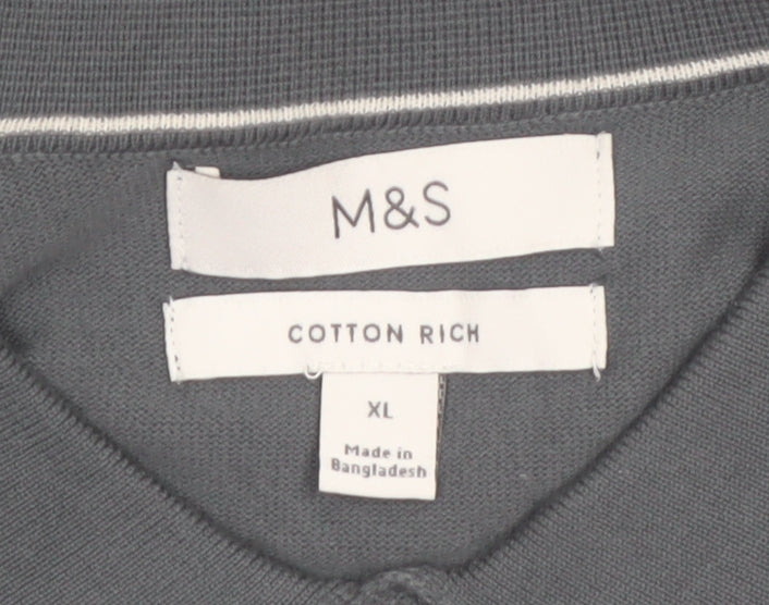 Marks and Spencer Men's Grey XL Collared Cotton Henley Jumper