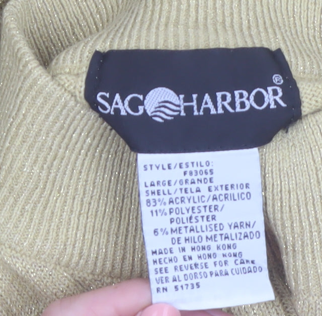 Sag Harbor Women Gold Mock Neck Short Sleeve Ribbed Knit Jumper Size L