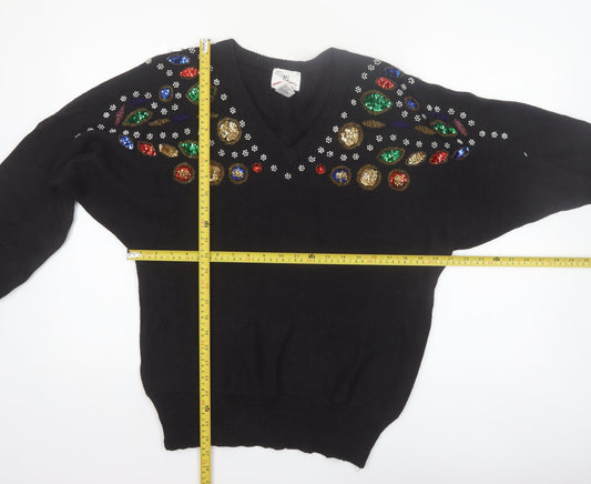 SML Sport Ltd Women’s Black Beaded V-Neck 90s Vintage Jumper M