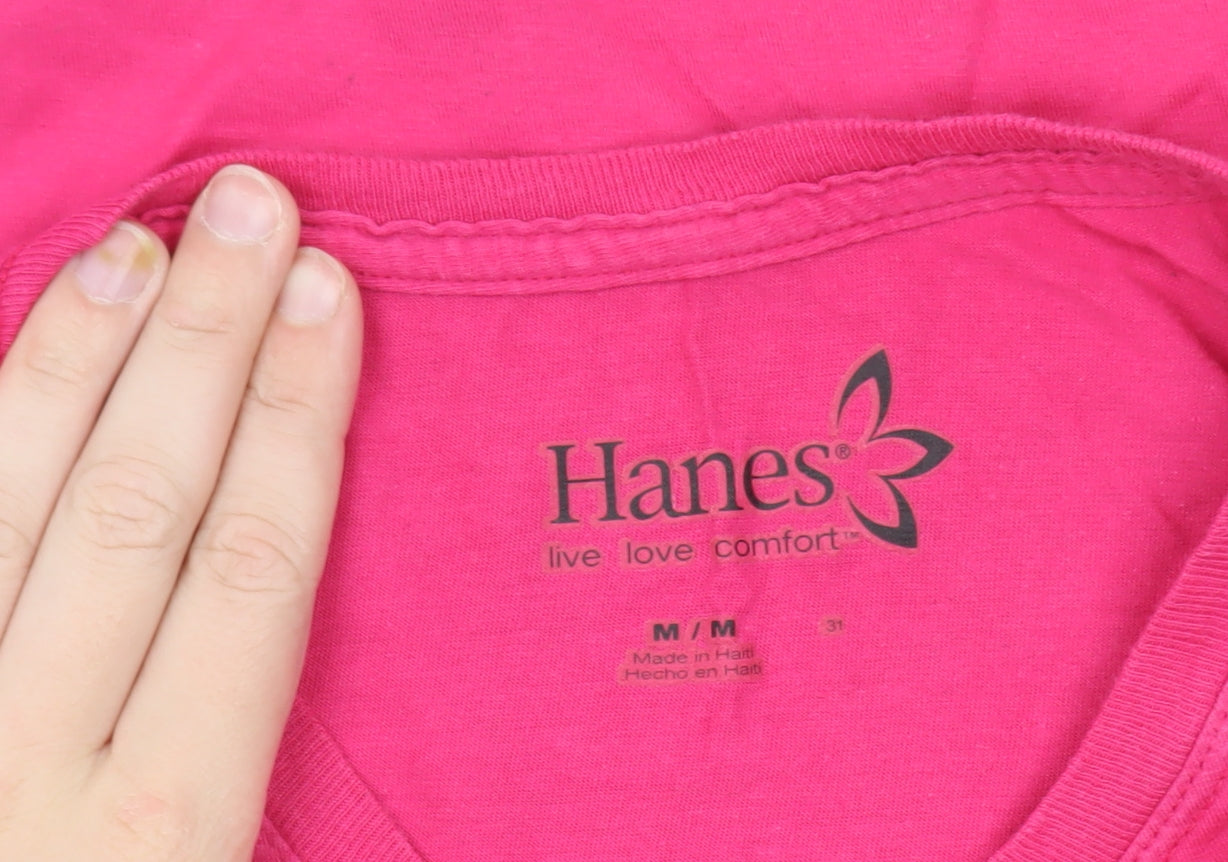Hanes Women's Pink Long Sleeve Cotton Crew Neck T-Shirt M