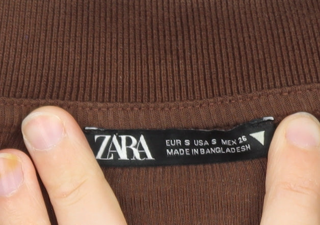 Zara Women Brown Cropped Collared Long Sleeve Top S