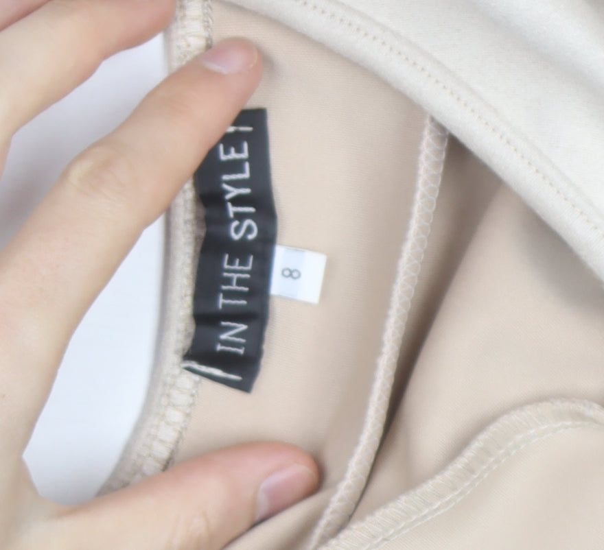 Brand and care label for In The Style Women Beige Bodycon Knee Length Dress, size 8