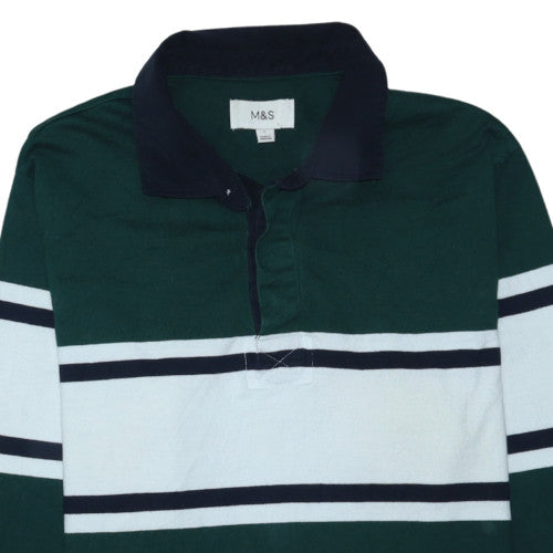 Marks and Spencer Men's Green Striped Long Sleeve Polo Shirt Size L