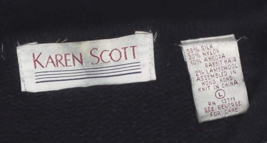 Karen Scott Women Black L Beaded Argyle Silk Blend Jumper
