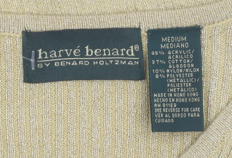 Harvé Benard Women Beige Knit V-Neck Short Sleeve Top Size M