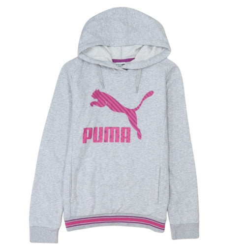 Puma Women's Grey Hoodie M Medium Pink Logo Pullover Casual