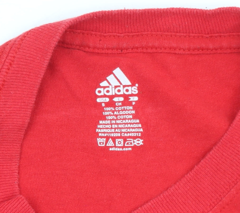 Brand and care label for Adidas Men’s Red Long Sleeve Graphic Sports T-Shirt, size S
