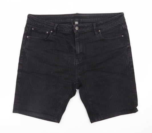 Additional front view of ASOS Women’s Black Denim Shorts, size UK 36, Mid Rise Cotton Blend
