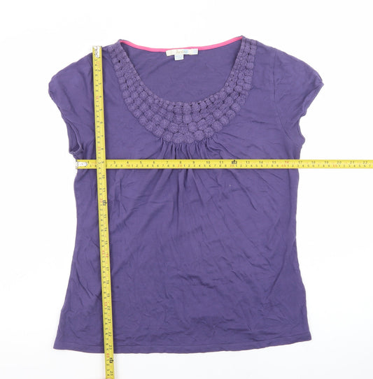 Boden Women's Purple Cotton Crochet Neck Short Sleeve Blouse Size 14