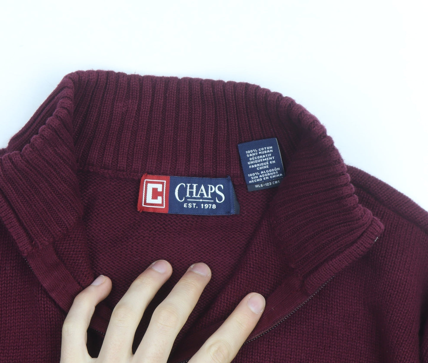 Chaps Men's Red Cotton 1/4 Zip Jumper L High Neck Casual Knitwear