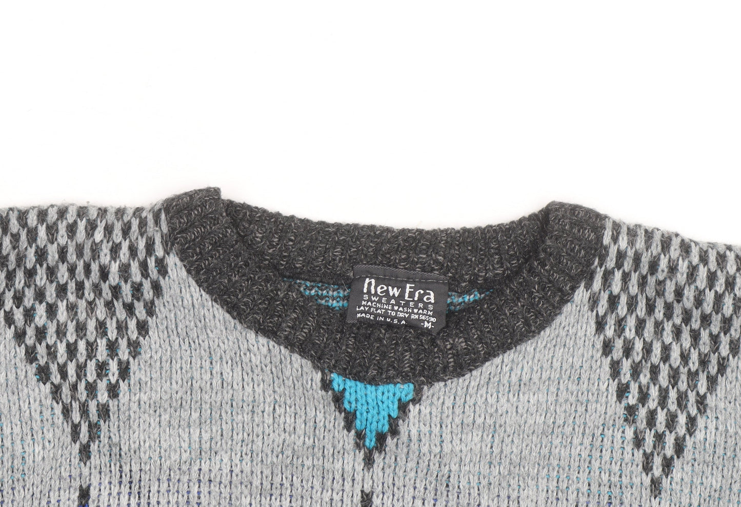 New Era Men's Grey Argyle Knit Pullover Jumper Size M Retro Vintage