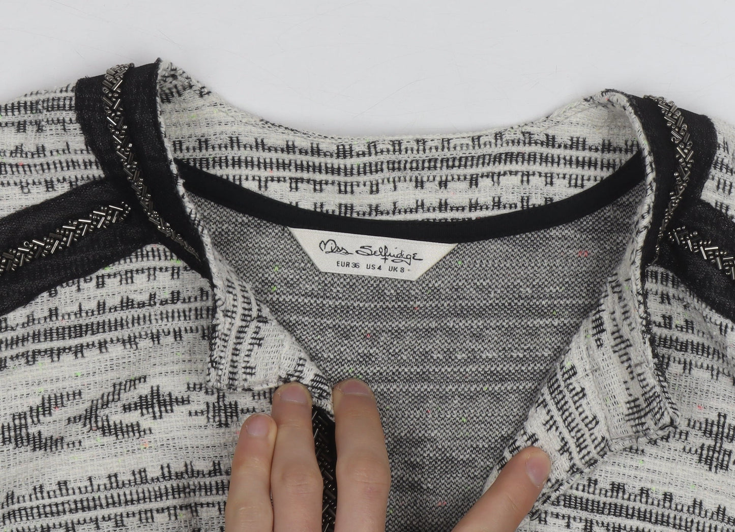 Miss Selfridge Women Grey Beaded Knit Cardigan Size 8