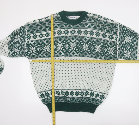 Puritan Men's Green Fair Isle Knit Jumper XL Winter Pullover