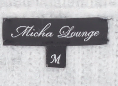 Micha Lounge Women Grey Pink V-Neck Long Sleeve Knit Jumper Size M