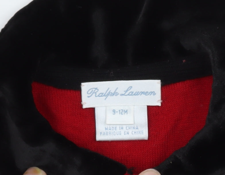 Ralph Lauren Girls Red Wool Blend Cable Knit Collared Cardigan 9-12 Months