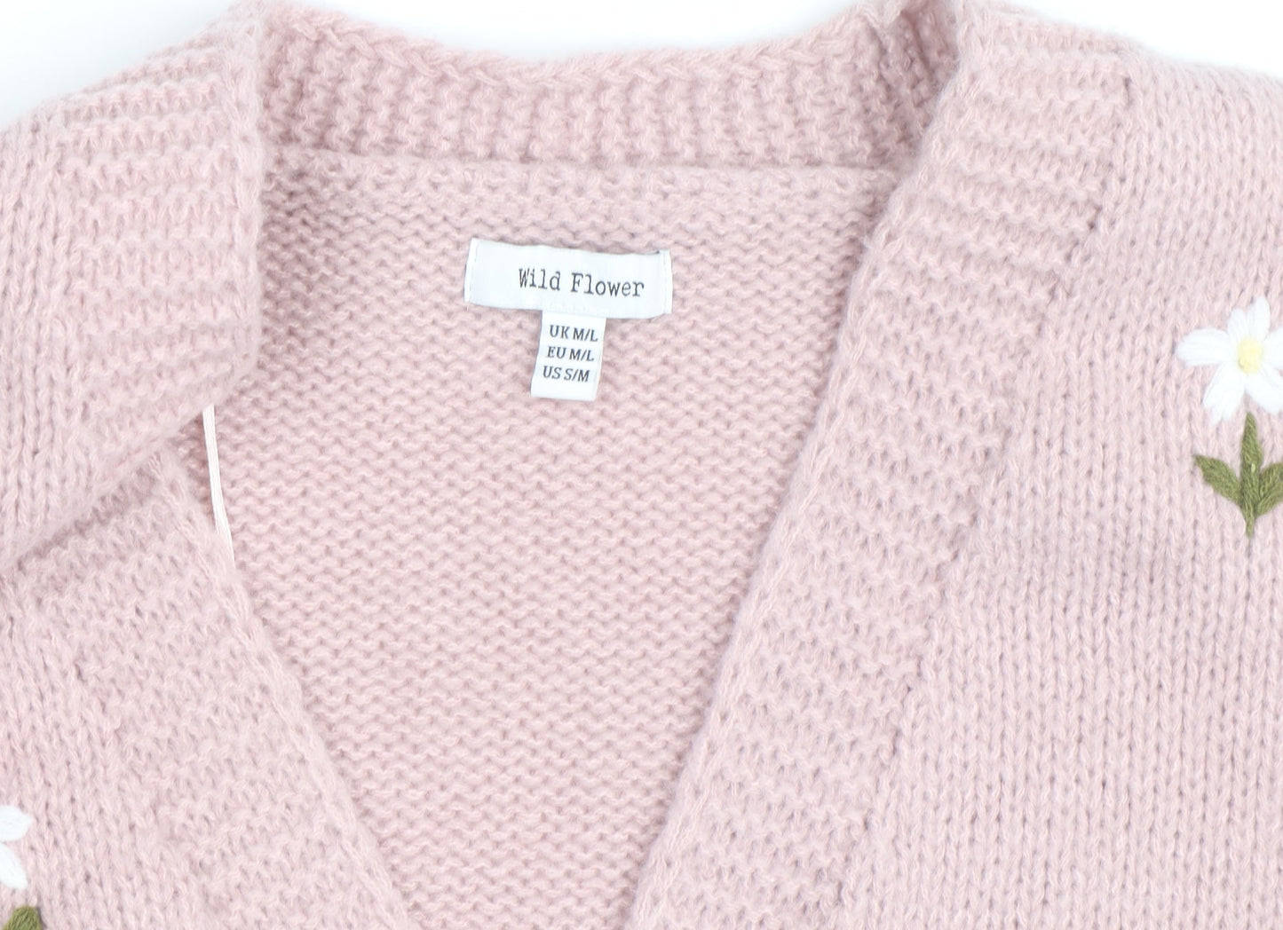 Wild Flower Women Pink Floral Embroidered V-Neck Cardigan M