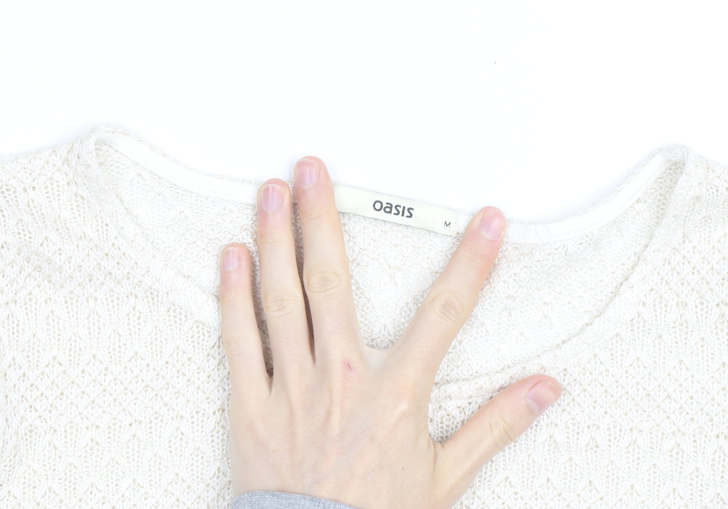 Oasis Women Ivory Open-Knit Scoop Neck 3/4 Sleeve Jumper Size M